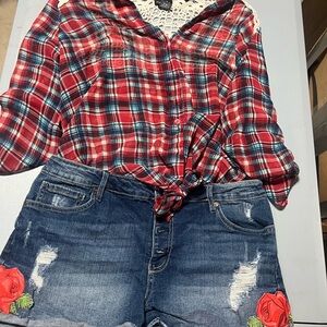 Red Plaid Shirt and Denim Shorts Set